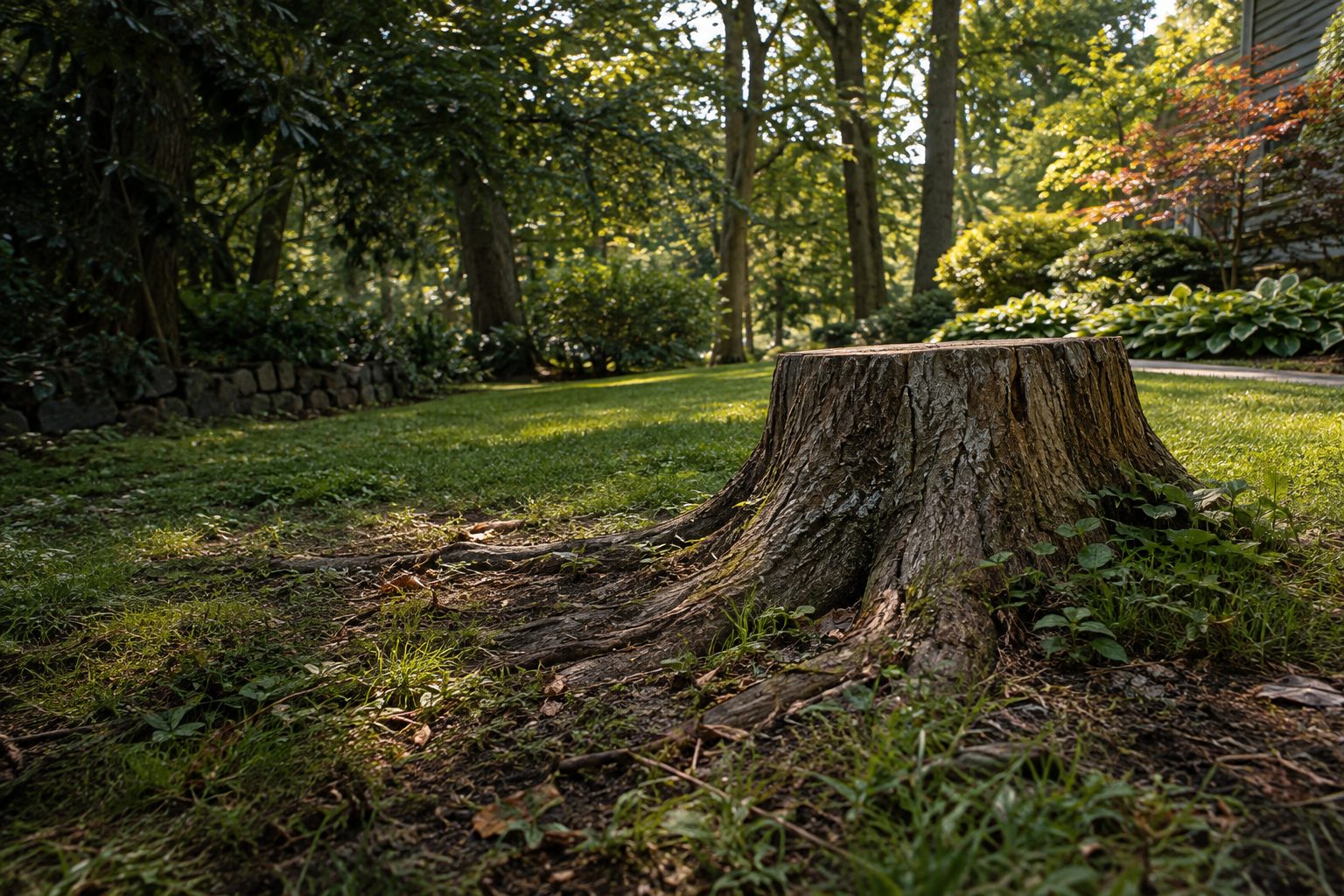 AI-generated editorial view of a tree stump, visible root flare, and surrounding yard for the Central Islip planning guide