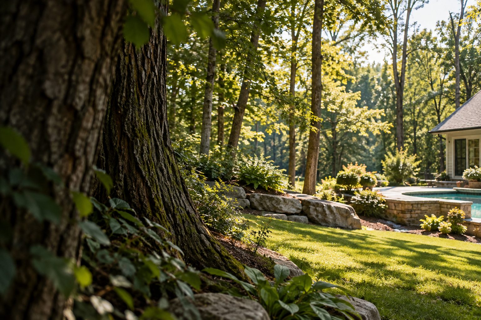 AI-generated editorial woodland scene illustrating the crane tree removal guide; not a company job photograph
