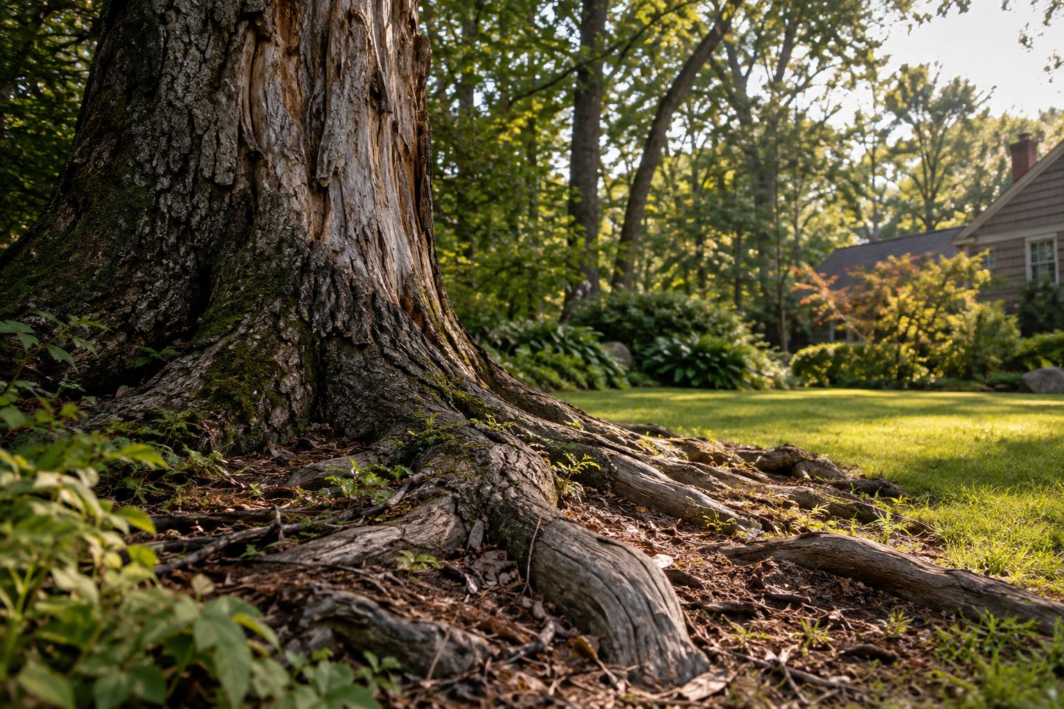 AI-generated editorial woodland scene illustrating the dead tree removal guide; not a company job photograph