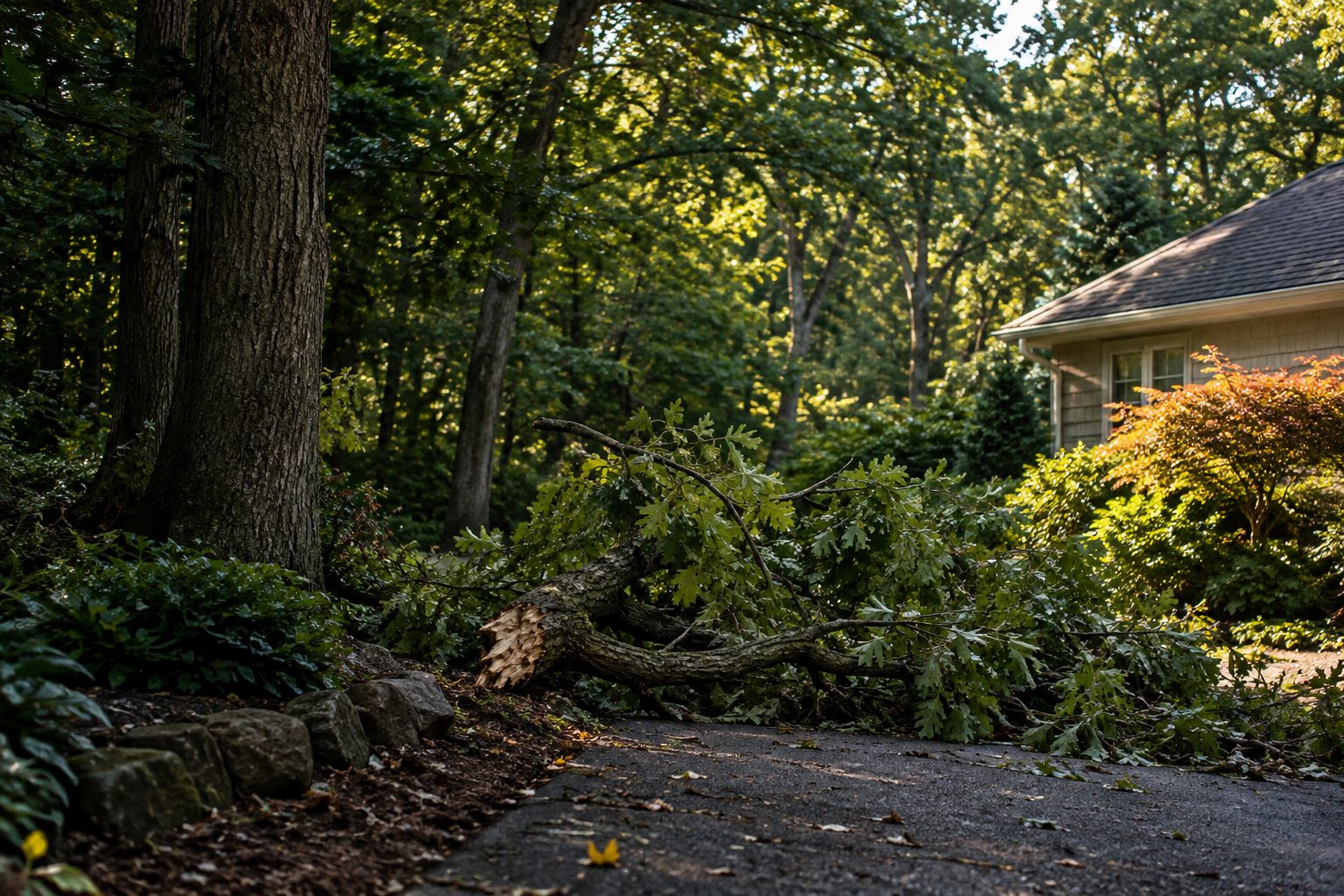 AI-generated editorial woodland scene illustrating the emergency tree service guide; not a company job photograph