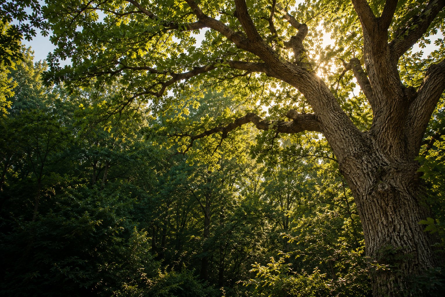 Sunlight filtering through the branching canopy of a mature oak in a green woodland