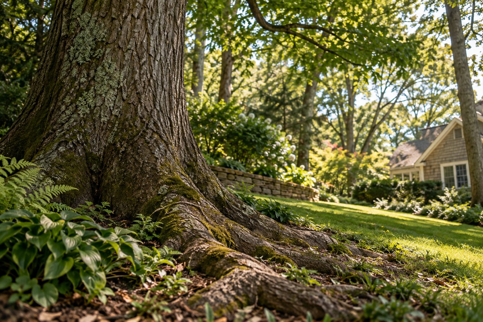 AI-generated editorial view of mature tree cover and varied yard space for the Huntington planning guide