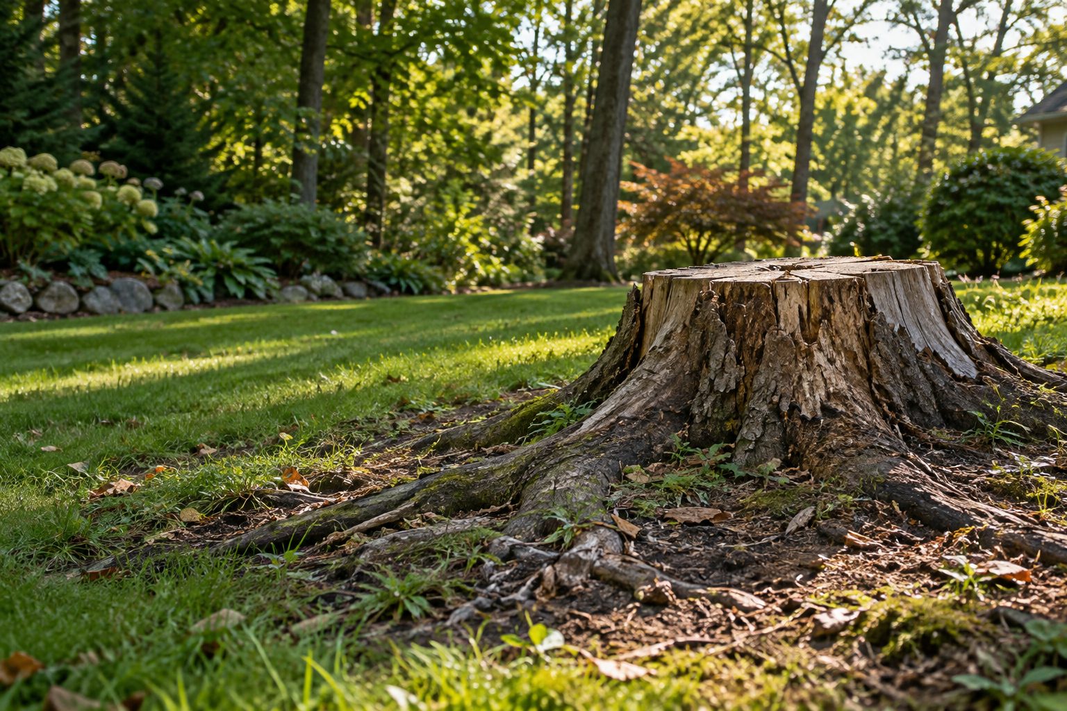 AI-generated editorial view of a tree stump, visible root flare, and surrounding yard for the Lake Grove planning guide