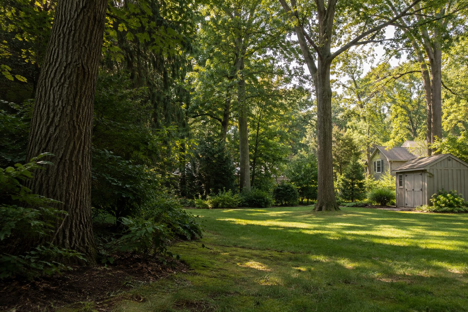 AI-generated editorial view of mature trees and a residential woodland edge for the Mastic planning guide