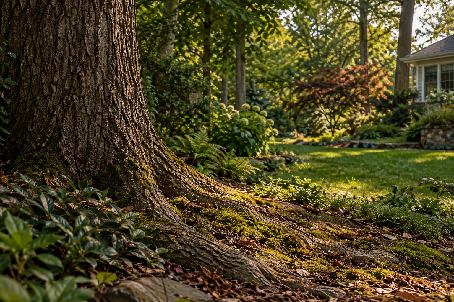 AI-generated editorial view of branching canopy above a landscaped yard for the Miller Place planning guide