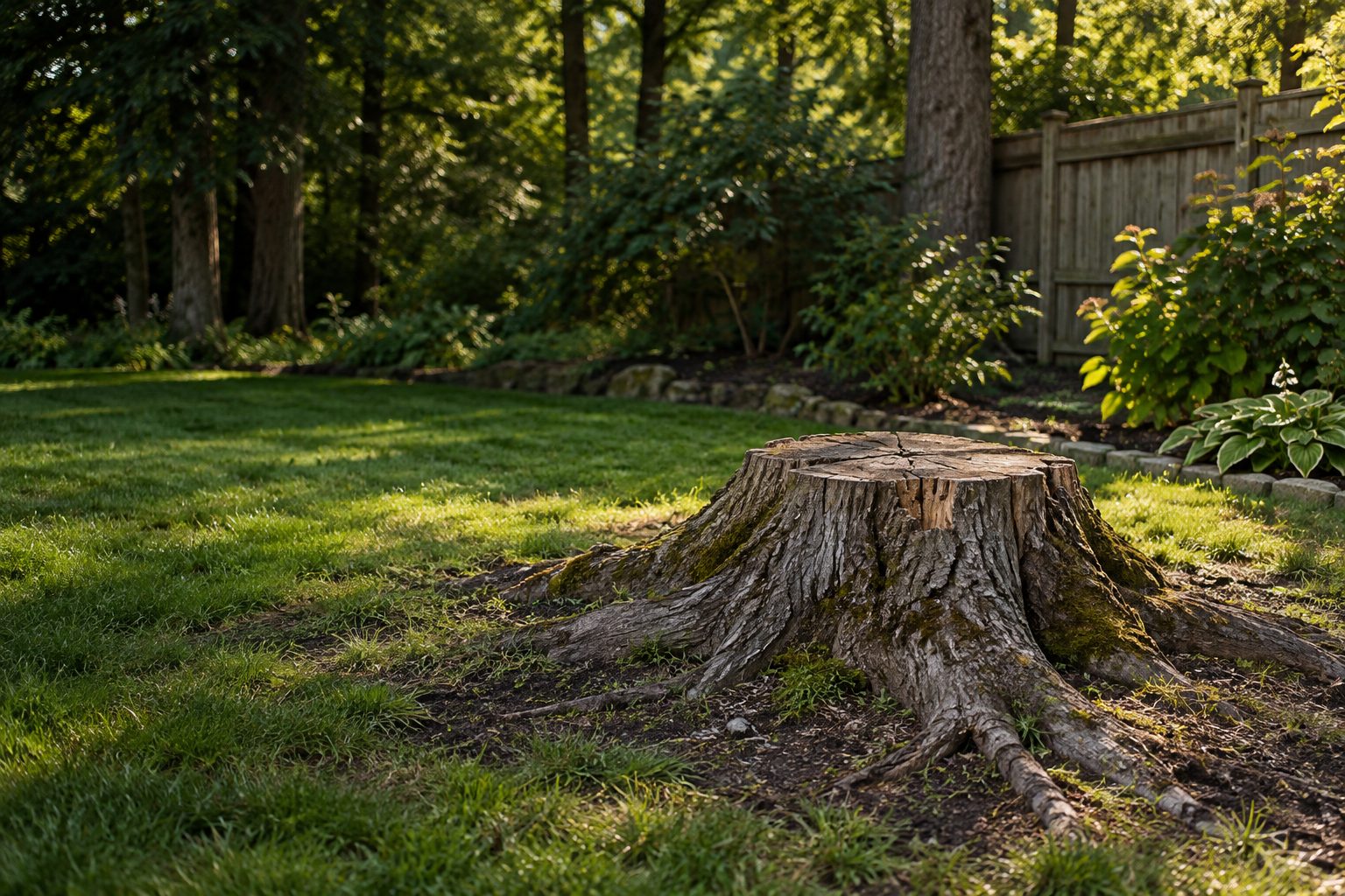 AI-generated editorial view of a tree stump, visible root flare, and surrounding yard for the Nesconset planning guide