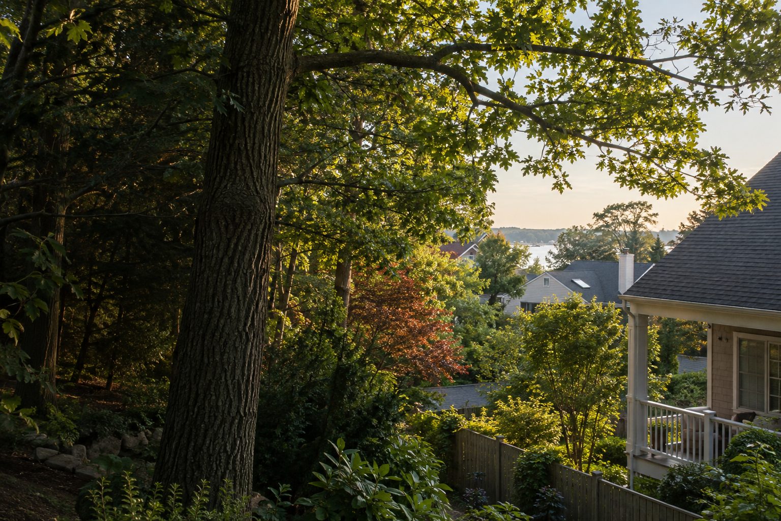 AI-generated editorial view of branching canopy above a landscaped yard for the Patchogue planning guide