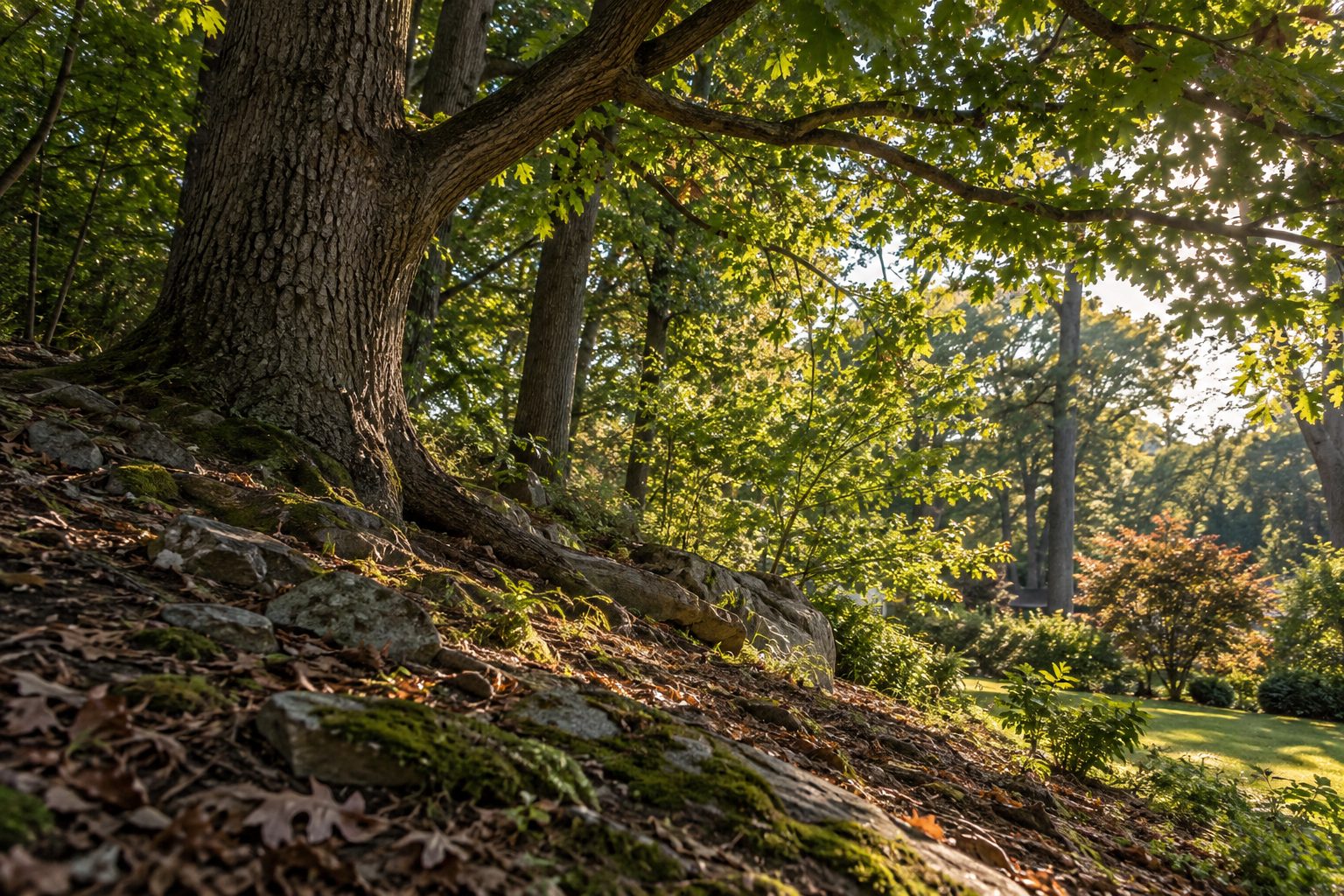 AI-generated editorial view of mature tree cover and varied yard space for the Port Jefferson Station planning guide