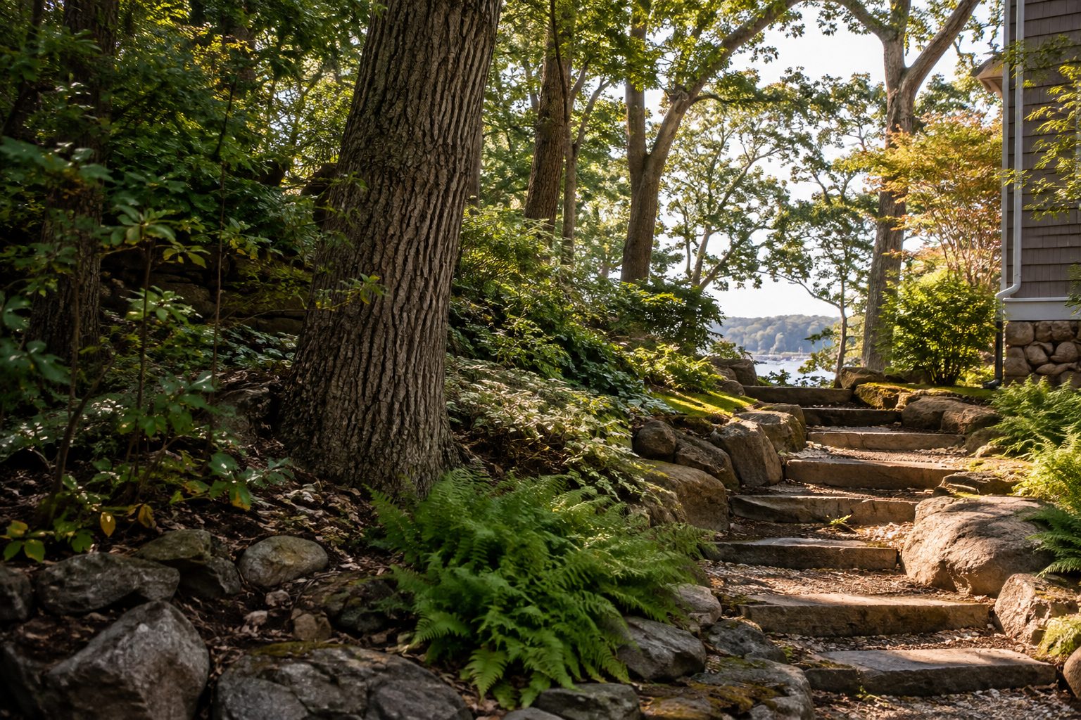 AI-generated editorial view of mature trees and a residential woodland edge for the Port Jefferson planning guide