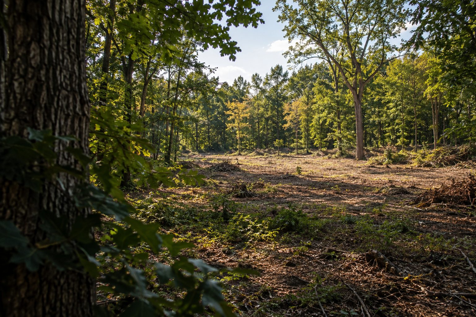 AI-generated editorial view of a modest wooded opening with retained trees for the Riverhead planning guide
