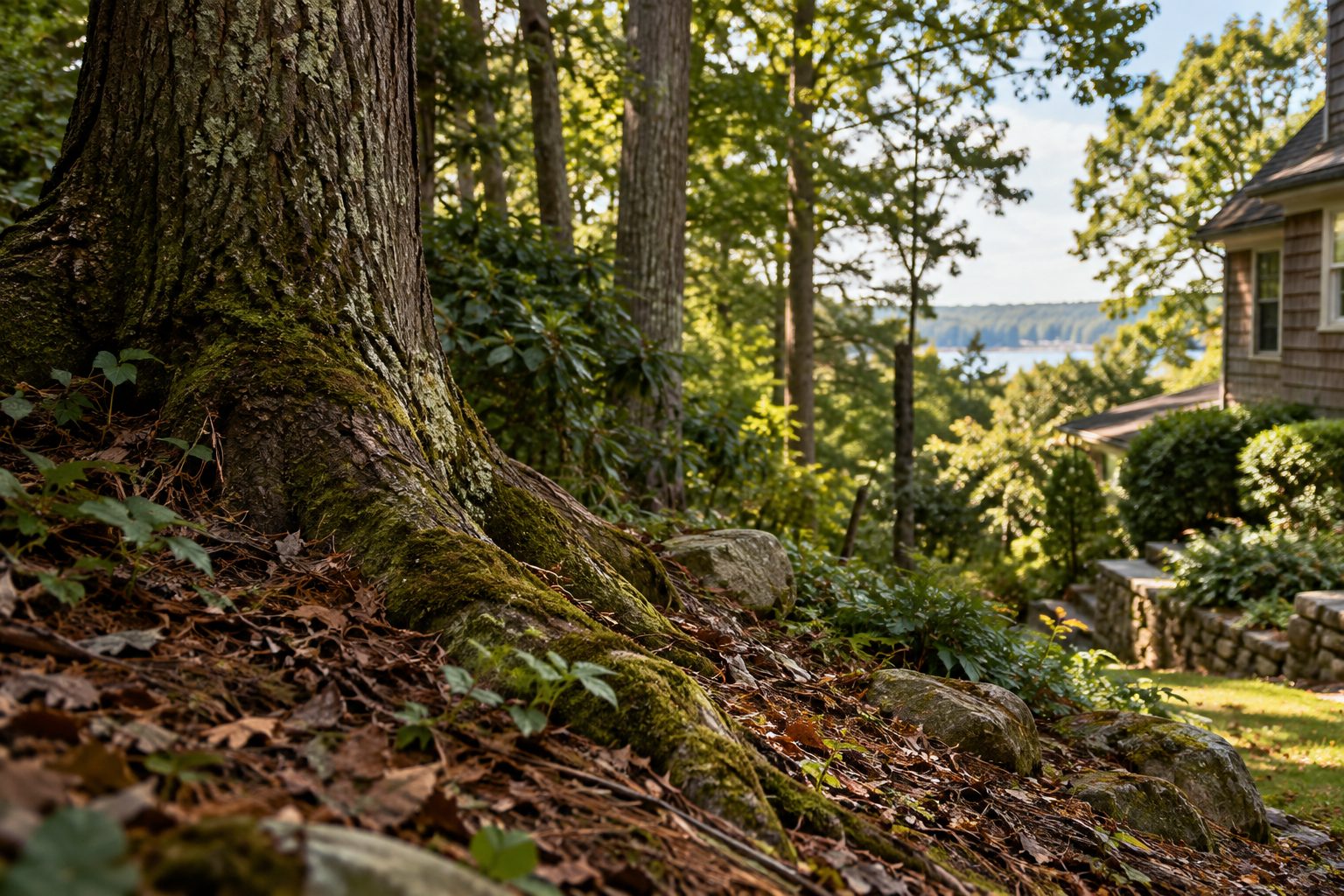 AI-generated editorial view of mature trees and a residential woodland edge for the Rocky Point planning guide