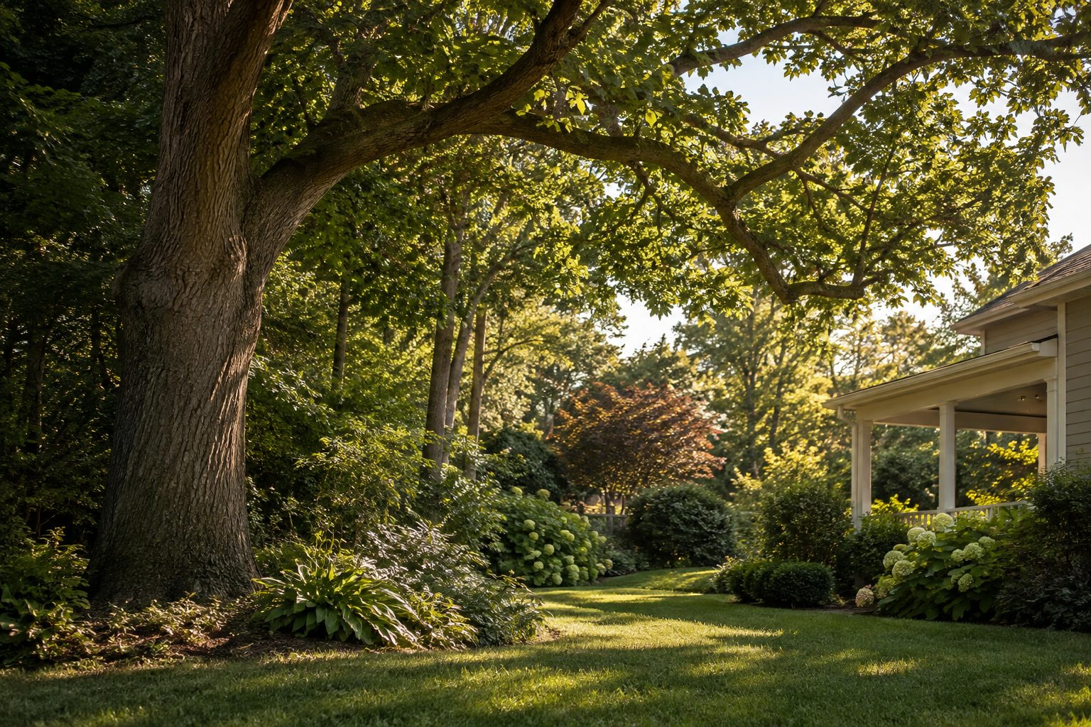 AI-generated editorial view of branching canopy above a landscaped yard for the Sayville planning guide