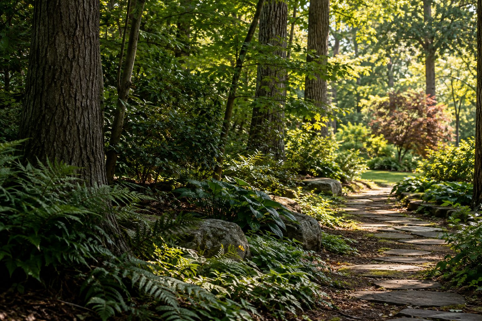 AI-generated editorial view of mature tree cover and varied yard space for the Smithtown planning guide