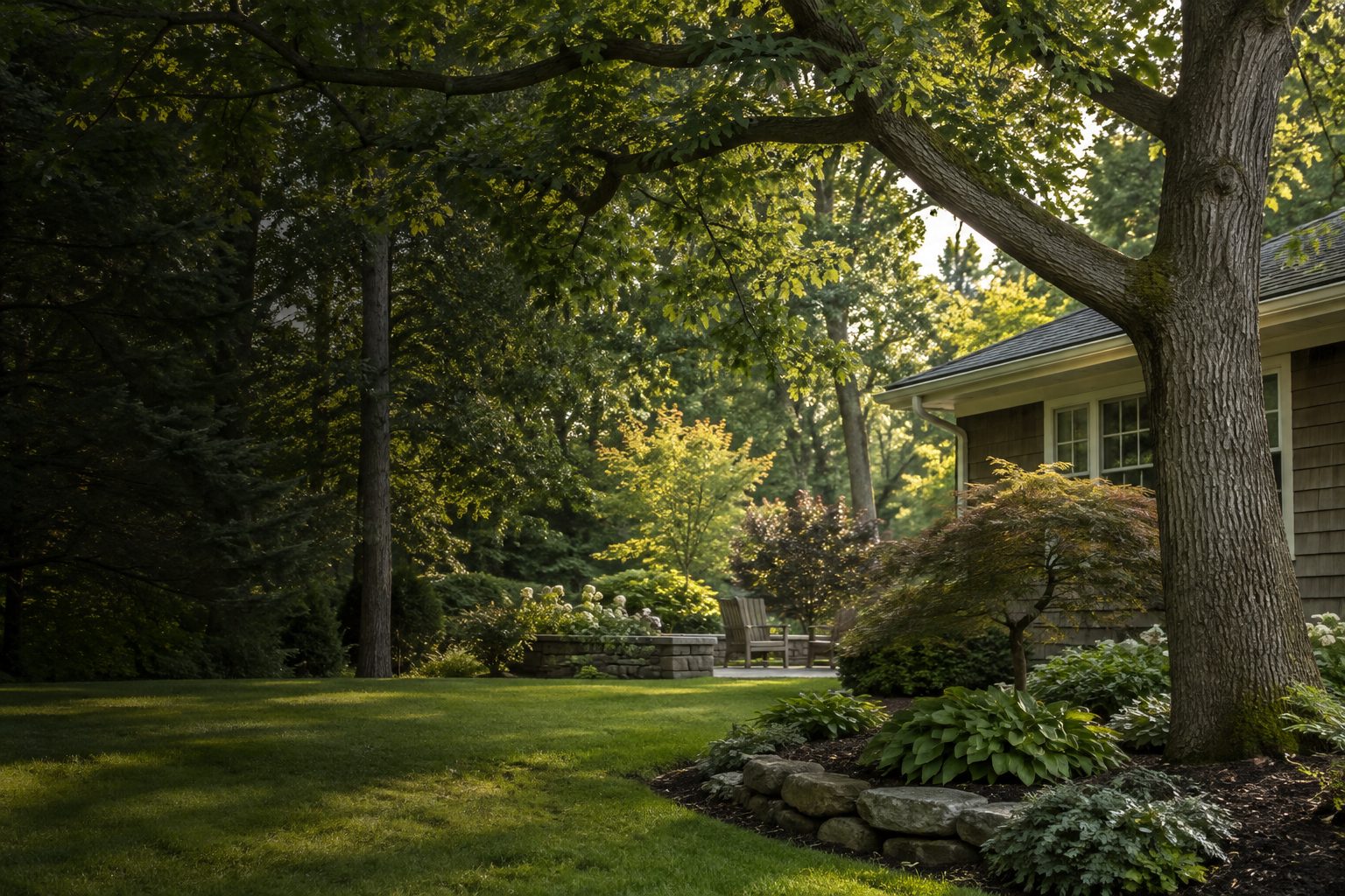 AI-generated editorial view of branching canopy above a landscaped yard for the St. James planning guide