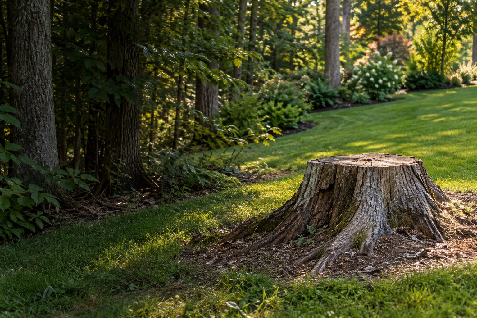 AI-generated editorial woodland scene illustrating the stump grinding guide; not a company job photograph