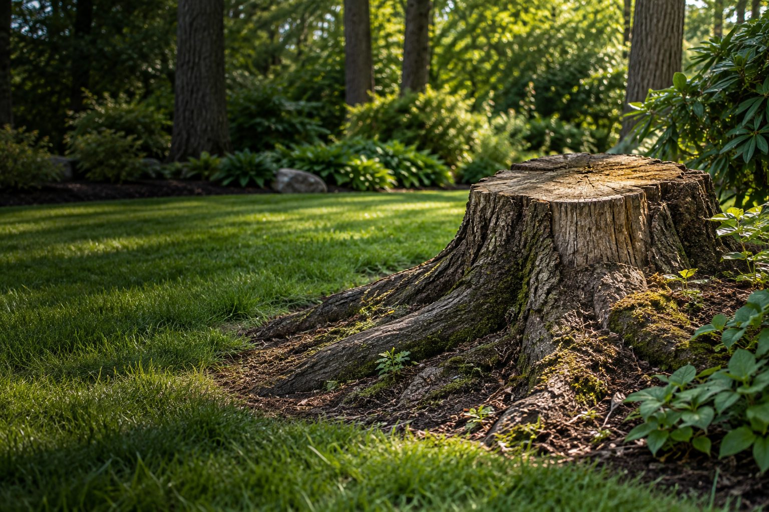 AI-generated editorial view of a tree stump, visible root flare, and surrounding yard for the Selden planning guide
