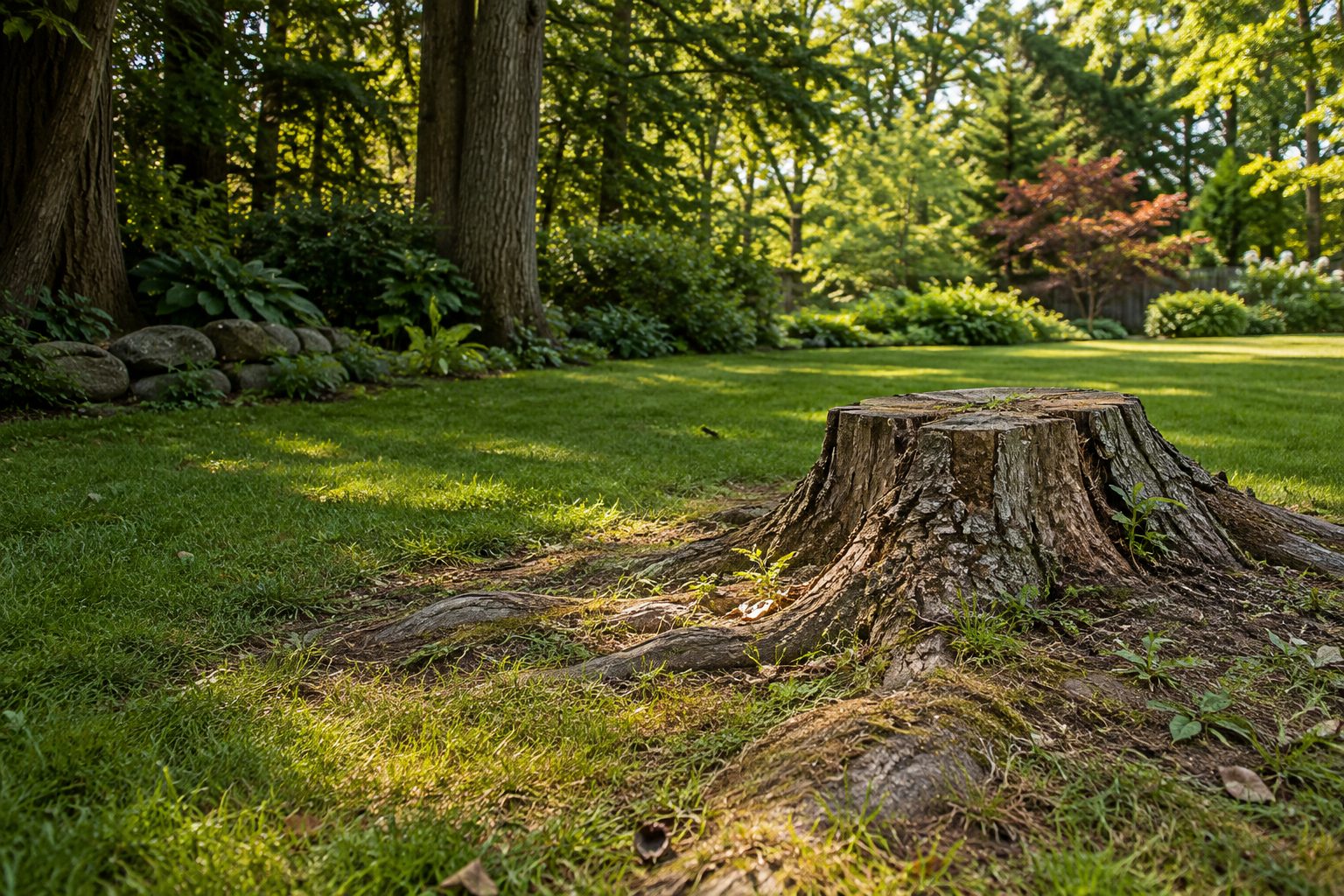 AI-generated editorial view of a tree stump, visible root flare, and surrounding yard for the Shirley planning guide