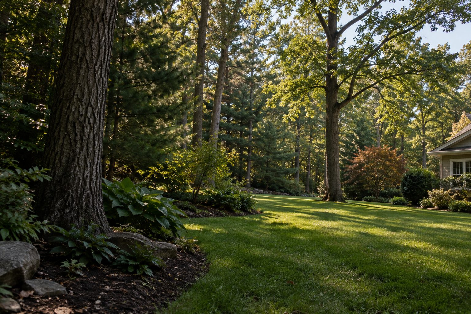AI-generated editorial view of mature tree cover and varied yard space for the Middle Island planning guide