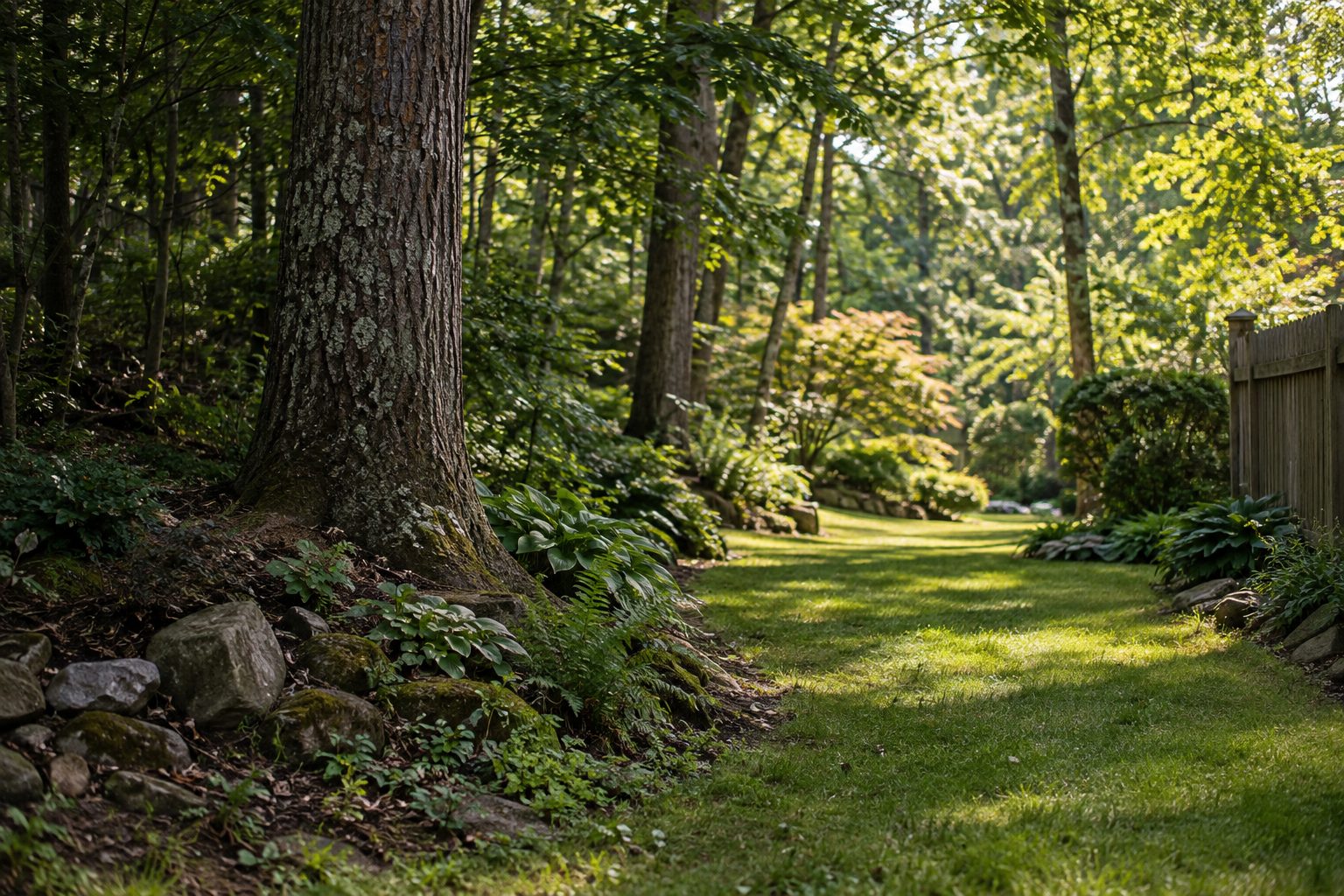 AI-generated editorial woodland scene illustrating the tree removal guide; not a company job photograph