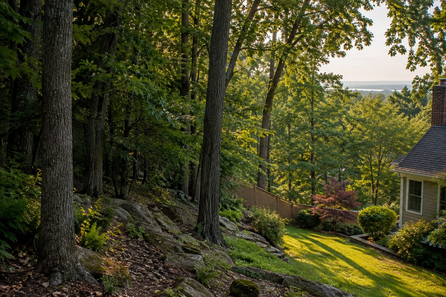 AI-generated editorial view of mature trees and a residential woodland edge for the Kings Park planning guide