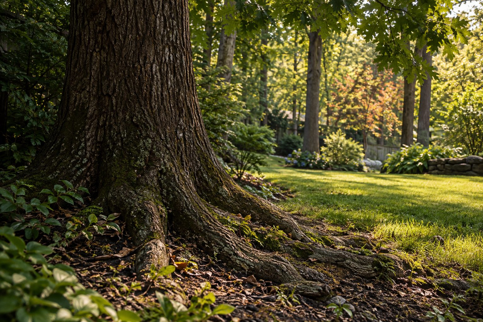 AI-generated editorial view of mature tree cover and varied yard space for the Ronkonkoma planning guide