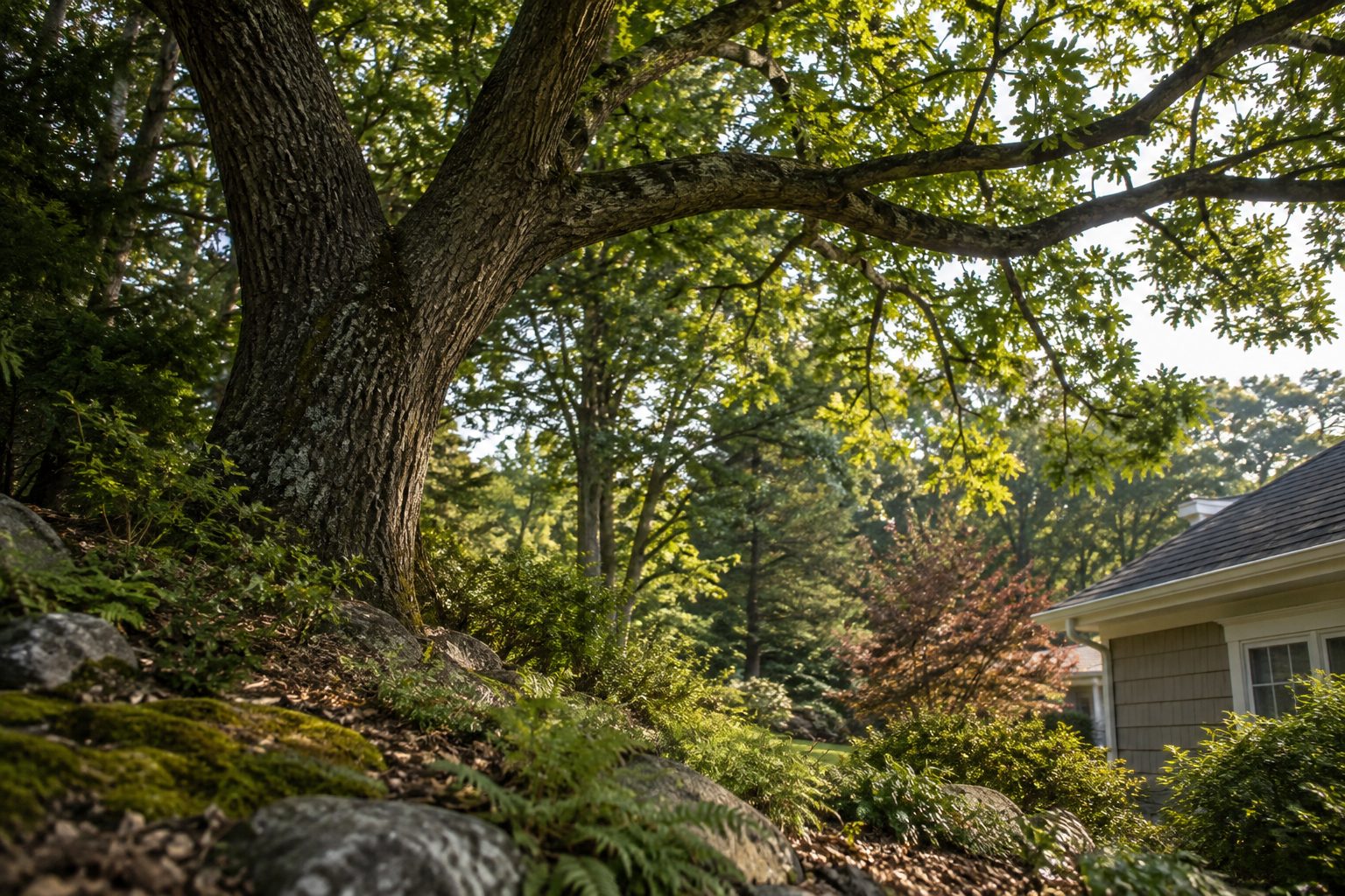 AI-generated editorial woodland scene illustrating the tree trimming guide; not a company job photograph